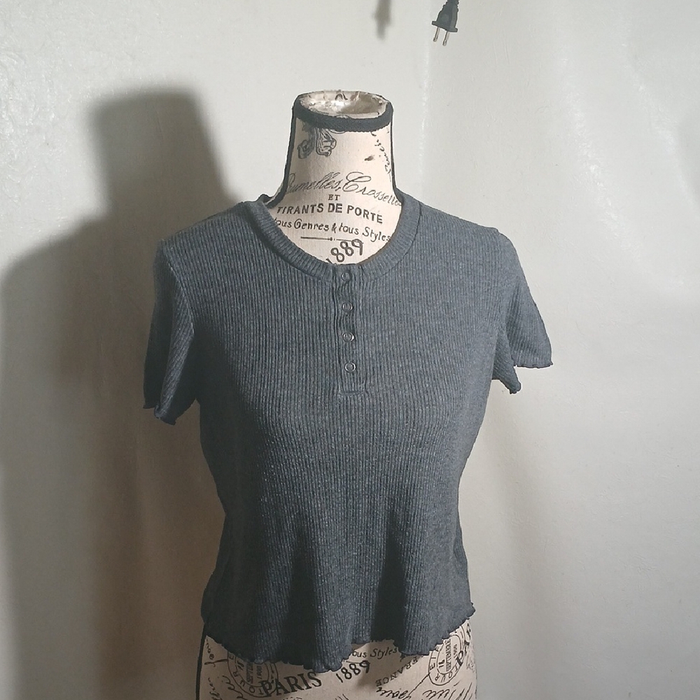 American Eagle Women's Ribbed Henley Top Charcoal Gray Size Small